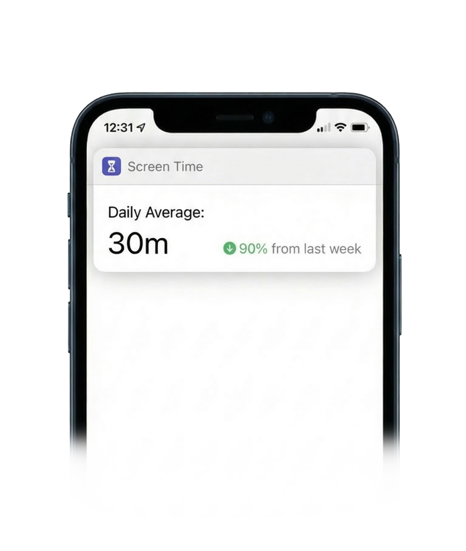 Screen Time showing 30m daily average, down 90%