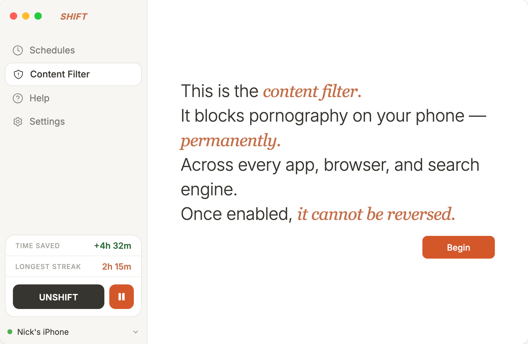 SHIFT content filter onboarding