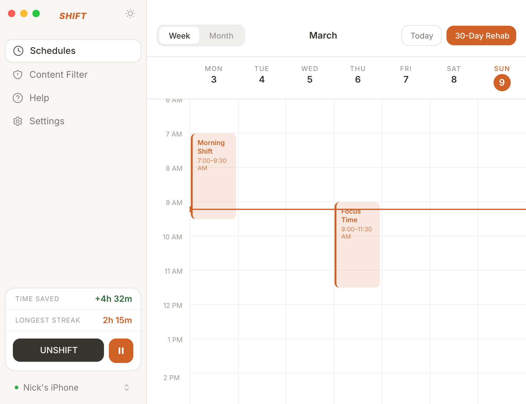 SHIFT desktop app showing weekly schedule calendar